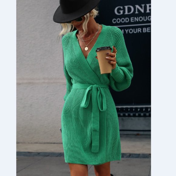 Rib-Knit Lantern Sleeve Belted Sweater Dress - Picture 11 of 16